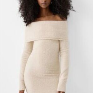 Bershka Off-Shoulder Bardot Cream Knit Dress